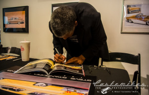Here Steve Stanford is caught by Customikes/ K. Mikael Wallin signing the Rodders Journal at The Petersen Automotive Museum exhibit celebrating his lives work as a kustom kulture legend. And yes it will be auctioned off with the Signature Toolbox for Veterans. If you bid high enough on Oct 5 2014 you can own it!!!  =D