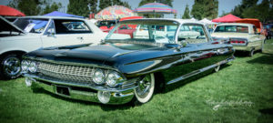 Fountain Valley Classic Car & Truck Show, Pete Haak, Slammed, white walls, chrome, black paint, two toned, Rocket ship, era, 1961, 61, Cadillac, 4 door, hard top, cruiser