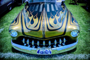 Desoto, grille, chrome, drenched, shaved, louvered, Golden, flames, panel paint, radically, Kustomized, Mercury, Fountain Valley Classic Car & Truck Show, Pete Haak