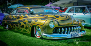 Fountain Valley Classic Car & Truck Show, Pete Haak, Mercury, flamed, panel painted, artistic, desoto grille, whitewalls, red rims, kustomized, custom, kutlure