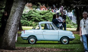 Mazda, tiny car, smart car, collectable car, phone booth, park setting,, classic, SMMC, Lacy Park, San Marino Motor Classic