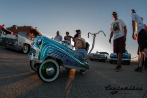 pedal car, flake paint, finned valve cover, chrome, www, wide whites, fools goldster, riverview lodge, chevy bomb, Scotto, Scott Strickland