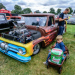 blown chevy, blower, scoop, Chevrolet,pick up, truck, kids, people, radio flyer,blue sky, park, right rear view , nsra, pro street