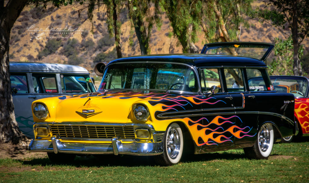 1956, Chevy, left 3/4 front view, flames, whitewalls, chrome, outriders Picnic,