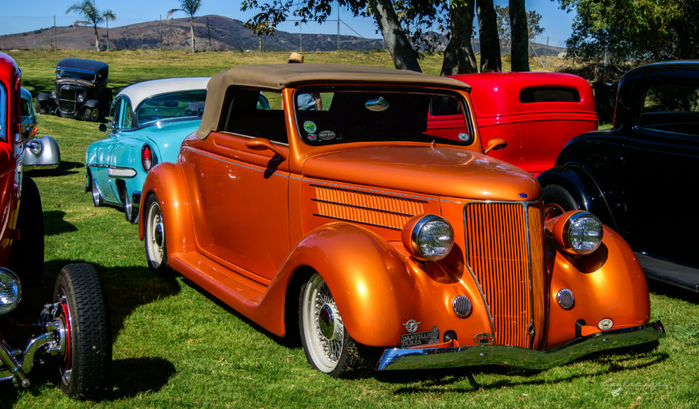 36 ford, convertible, street rod, right 3/4 front view, bright orange, park, Oak canyon, 