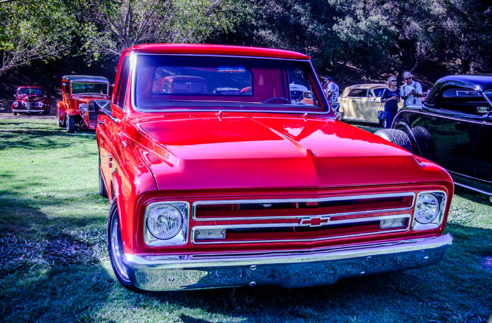 67-72, 1967-1972, chevy, chevrolet, truck, c/10, c-10, c10, pick up, pickup, hauler, bright red, park, lawn, street rods, trees, chrome, grille, k. mikael wallin, customikes, outriders picnic,