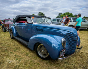 winner, kustom built, phaeton, teardrop head lamps, rt 3/4 ft view, 1938, 38, Roadster, ford, soft top, removable top, hot rod, big n' littles, chrome, paint, smooth, park, sky, clouds, car show, NSRA UK, K. Mikael Wallin, Customikes