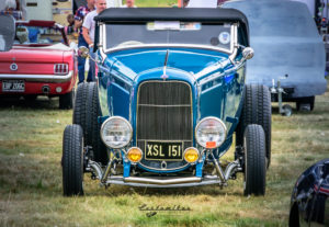 dropped axle, chrome, fog lights, grille, ornament, 1932, 32, Roadster, ford, soft top, removable top, hot rod, big n' littles, chrome, paint, smooth, park, sky, clouds, car show, NSRA UK, K. Mikael Wallin, Customikes