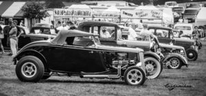 mags, tires, street rods, black and white, 1932, 32, Roadster, ford, soft top, removable top, hot rod, big n' littles, chrome, paint, smooth, park, sky, clouds, car show, NSRA UK, K. Mikael Wallin, Customikes